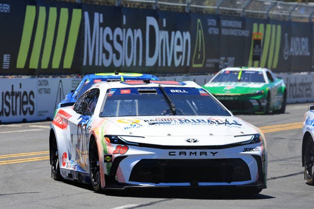 SAN DIEGO, CA - JUNE 21: Christopher Bell ( 20 Joe Gibbs Racing Craftsman Racing For A Miracle Toyota) races through Turn 2 during the NASCAR, Motorsport, USA Cup Series Anduril 250 Race the Base event on Sunday June 21, 2026 at the Naval Base Coronado in San Diego, CA. (Photo by David J. Griffin Icon Sportswire) AUTO: JUN 21 NASCAR Cup Series Anduril 250 Race the Base EDITORIAL USE ONLY Icon953260621189