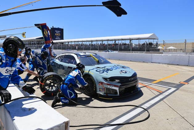 SAN DIEGO, CA - JUNE 21: Carson Hocevar ( 77 Spire Motorsports Spectrum Chevrolet) pits during the NASCAR, Motorsport, USA Cup Series Anduril 250 Race the Base event on Sunday June 21, 2026 at the Naval Base Coronado in San Diego, CA. (Photo by David J. Griffin Icon Sportswire) AUTO: JUN 21 NASCAR Cup Series Anduril 250 Race the Base EDITORIAL USE ONLY Icon953260621638