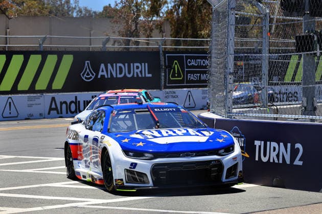 SAN DIEGO, CA - JUNE 21: Chase Elliott ( 9 Hendrick Motorsports NAPA Gold Filters Chevrolet) leads Tyler Reddick ( 45 23XI Racing Pala Casino Toyota) through Turn 2 during the NASCAR, Motorsport, USA Cup Series Anduril 250 Race the Base event on Sunday June 21, 2026 at the Naval Base Coronado in San Diego, CA. (Photo by David J. Griffin Icon Sportswire) AUTO: JUN 21 NASCAR Cup Series Anduril 250 Race the Base EDITORIAL USE ONLY Icon953260621473
