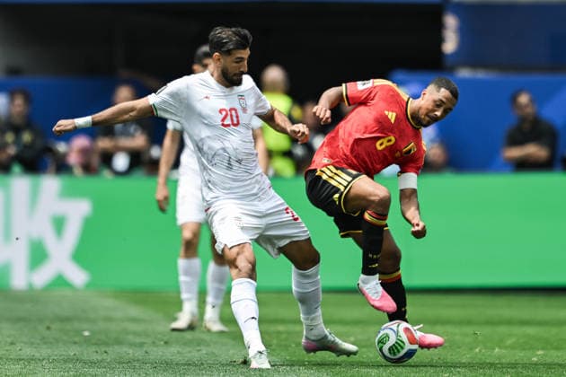 Shahriyar Moghanlou of IR Iran (L) and Youri Tielemans of Belgium (R) fight for possession during a FIFA Men’s World Cup 2026 Group Stage football match between Belgium and Iran at Los Angeles Stadium, in Inglewood on June 21th 2026 (Photo by Nayra Halm SPP)  Copyright: xNayraxHalm SPPx Sportspressphoto_SPR172926