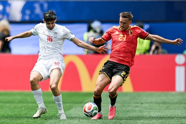Mehdi Torabi of IR Iran (L) and Timothy Castagne of Belgium (R) fight for possession during a FIFA Men’s World Cup 2026 Group Stage football match between Belgium and Iran at Los Angeles Stadium, in Inglewood on June 21th 2026 (Photo by Nayra Halm SPP)  Copyright: xNayraxHalm SPPx Sportspressphoto_SPR172937