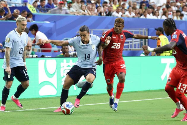 MIAMI GARDENS, FL - JUNE 21: Uruguay forward Agustin Canobbio (14) battles Cape Verde forward HÃ lio Varela (26) for the ball in the second half during the FIFA World Cup, WM, Weltmeisterschaft, Fussball 2026 game Group H match between Uruguay and Cabo Verde on June 21, 2026 at Miami Stadium in Miami Gardens, FL (Photo by Peter Joneleit Icon Sportswire) SOCCER: JUN 21 FIFA World Cup 26 Group H - Uruguay vs Cabo Verde EDITORIAL USE ONLY Icon260615027