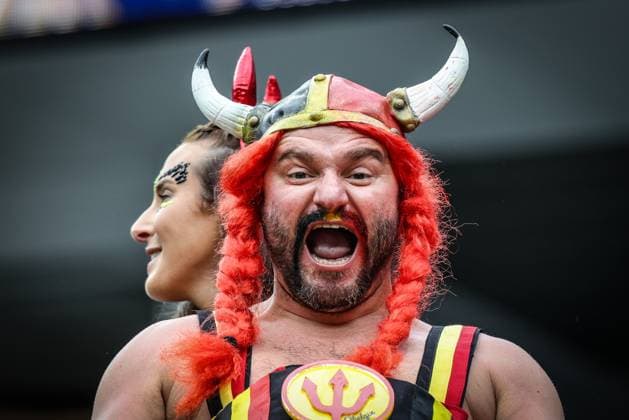 Red devils fan Obelgix Nicolas Dardenne pictured at the start of a soccer game between Belgian national team, Nationalteam Red Devils and Iran, on Sunday 21 June 2026, at the SoFi stadium in Los Angeles, the second game in the group stage of the FIFA World Cup, WM, Weltmeisterschaft, Fussball 2026 in the United States of America. The Diables Rouges - Rode Duivels were drawn into Group G. BRUNOxFAHY  x178683442x