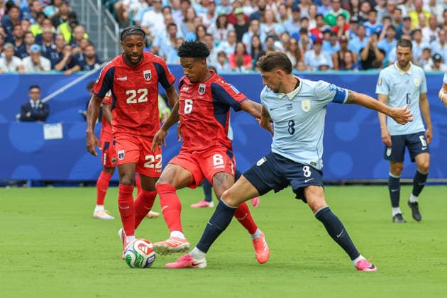 MIAMI GARDENS, FL - JUNE 21: Kevin Pina 6 of Cabo Verde and Federico Valverde 8 of Uruguay battle for a ball during a FIFA World Cup, WM, Weltmeisterschaft, Fussball 2026 Group H match between Uruguay and Cabo Verde on June 21,2026 at Miami Stadium, in Miami Gardens, Fla.(Photo by Chris Arjoon Icon Sportswire) SOCCER: JUN 21 FIFA World Cup 26 Group H - Uruguay vs Cabo Verde EDITORIAL USE ONLY Icon26062100100014