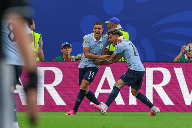 MIAMI GARDENS, FL - JUNE 21: Agustin Canobbio 14 of Uruguay celebrates his goal with Maximiliano Araujo 20 of Uruguay during a FIFA World Cup, WM, Weltmeisterschaft, Fussball 2026 Group H match between Uruguay and Cabo Verde on June 21,2026 at Miami Stadium, in Miami Gardens, Fla.(Photo by Chris Arjoon Icon Sportswire) SOCCER: JUN 21 FIFA World Cup 26 Group H - Uruguay vs Cabo Verde EDITORIAL USE ONLY Icon26062100100038