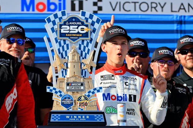 SAN DIEGO, CA - JUNE 21: Corey Heim ( 67 23XI Open MOBIL 1 O REILLY AUTO PARTS Toyota) celebrates his win in Victory Lane with his team after the NASCAR, Motorsport, USA Cup Series Anduril 250 Race the Base event on Sunday June 21, 2026 at the Naval Base Coronado in San Diego, CA. (Photo by David J. Griffin Icon Sportswire) AUTO: JUN 21 NASCAR Cup Series Anduril 250 Race the Base EDITORIAL USE ONLY Icon9532606211184