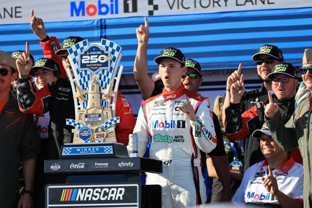 SAN DIEGO, CA - JUNE 21: Corey Heim ( 67 23XI Open MOBIL 1 O REILLY AUTO PARTS Toyota) celebrates his win in Victory Lane with his team after the NASCAR, Motorsport, USA Cup Series Anduril 250 Race the Base event on Sunday June 21, 2026 at the Naval Base Coronado in San Diego, CA. (Photo by David J. Griffin Icon Sportswire) AUTO: JUN 21 NASCAR Cup Series Anduril 250 Race the Base EDITORIAL USE ONLY Icon9532606211237