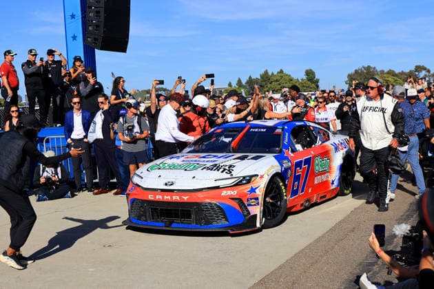 SAN DIEGO, CA - JUNE 21: The winning race car of Corey Heim ( 67 23XI Open MOBIL 1 O REILLY AUTO PARTS Toyota) is pushed into Victory Lane after Corey wins the NASCAR, Motorsport, USA Cup Series Anduril 250 Race the Base event on Sunday June 21, 2026 at the Naval Base Coronado in San Diego, CA. (Photo by David J. Griffin Icon Sportswire) AUTO: JUN 21 NASCAR Cup Series Anduril 250 Race the Base EDITORIAL USE ONLY Icon9532606211349
