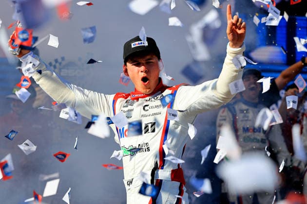 SAN DIEGO, CA - JUNE 21: Corey Heim ( 67 23XI Open MOBIL 1 O REILLY AUTO PARTS Toyota) celebrates in Victory Lane after winning the NASCAR, Motorsport, USA Cup Series Anduril 250 Race the Base event on Sunday June 21, 2026 at the Naval Base Coronado in San Diego, CA. (Photo by David J. Griffin Icon Sportswire) AUTO: JUN 21 NASCAR Cup Series Anduril 250 Race the Base EDITORIAL USE ONLY Icon9532606211403