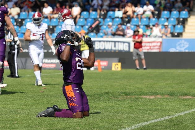 Antony Marvyn Bouembe (Frankfurt Galaxy, 26) celebrates a Touchdown, Frankfurt Galaxy vs Prague Lions, American Football, EFA, European Football Alliance, Season 2026, Week 6, 20.06.2026, Photo: Foot Bowl Klaus Sack Frankfurt PSD Bank Arena Deutschland Copyright: xFootxBowl KlausxSackx