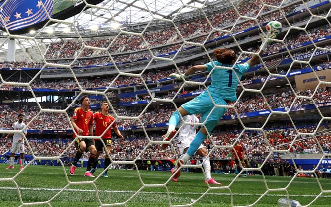 (260622) -- LOS ANGELES, June 22, 2026 -- Alireza Beiranvand (front), goalkeeper of Iran, makes a save during a group G match between Belgium and Iran at the 2026 FIFA World Cup, WM, Weltmeisterschaft, Fussball at Los Angeles Stadium in Los Angeles, the United States, June 21, 2026. ) (SP)U.S.-LOS ANGELES-FOOTBALL-FIFA WORLD CUP-GROUP G-BEL VS IRN BaixXuefei 