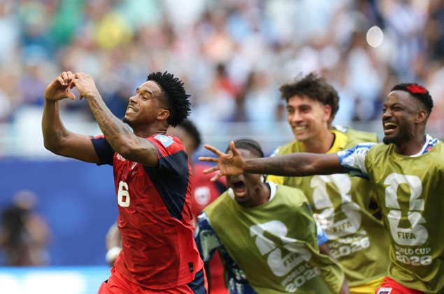 (260622) -- MIAMI, June 22, 2026 -- Kevin Pina (1st L) of Cape Verde celebrates scoring with his teammates during the group H match between Uruguay and Cape Verde at the 2026 FIFA World Cup, WM, Weltmeisterschaft, Fussball at Miami Stadium, Miami, the United States, June 21, 2026. ) (SP)U.S.-MIAMI-FOOTBALL-FIFA WORLD CUP-GROUP H-URU VS CPV ZhangxChen 