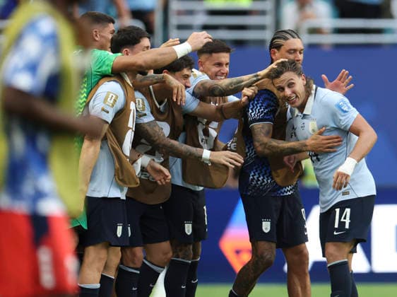 (260622) -- MIAMI, June 22, 2026 -- Agustin Canobbio (1st R) of Uruguay celebrates scoring with his teammates during the group H match between Uruguay and Cape Verde at the 2026 FIFA World Cup, WM, Weltmeisterschaft, Fussball at Miami Stadium, Miami, the United States, June 21, 2026. ) (SP)U.S.-MIAMI-FOOTBALL-FIFA WORLD CUP-GROUP H-URU VS CPV ZhangxChen 