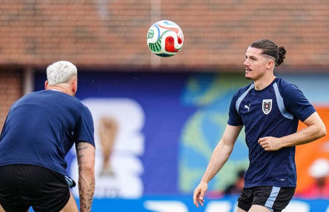 (260622) -- DALLAS, June 22, 2026 -- Marcel Sabitzer (R) of Austria attends a training session at the FIFA World Cup, WM, Weltmeisterschaft, Fussball 2026 in Dallas, the United States, on June 21, 2026. ) (SP)U.S.-DALLAS-FIFA WORLD CUP-TEAM AUSTRIA-TRAINING-AUSTRIA JiaxHaocheng 