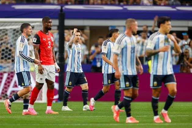 DALLAS, 22-06-2026, Dallas AT&T Stadium, World Cup 2026 Match between Argentina and Austria. Picture shows Argentina player Lionel Messi scores the 1-0 and is the all-time top scorer at the World Cup with 17 goals and celebrate his goal Argentina - Austria (World Cup 2026)  x204558077x Copyright: