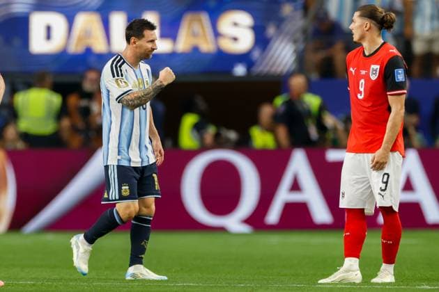 DALLAS, 22-06-2026, Dallas AT&T Stadium, World Cup 2026 Match between Argentina and Austria. Picture shows Argentina player Lionel Messi after he scores the 1-0 and is the all-time top scorer at the World Cup with 17 goals and celebrate his goal Argentina - Austria (World Cup 2026)  x204558078x Copyright: