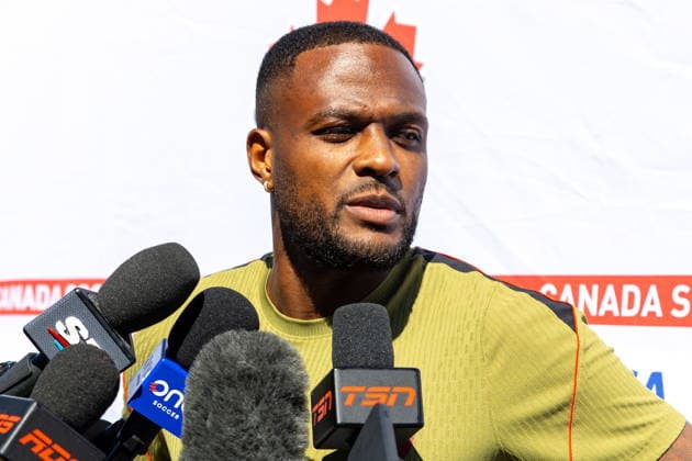 June 22, 2026, Vancouver, Bc, CANADA: CanadaöÄÃ s Cyle Larin addresses the media before a FIFA World Cup, WM, Weltmeisterschaft, Fussball soccer training session in Vancouver on Monday, June 22, 2026. Canada News - June 22, 2026  - ZUMAc35_ 20260622_zaf_c35_046 Copyright: xTimothyxMatweyx