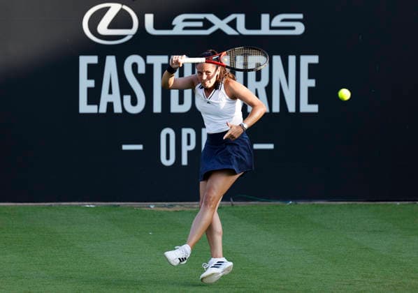 RECORD DATE NOT STATED 22nd June 2026; Devonshire Park Lawn Tennis Club, Eastbourne, East Sussex, England; Lexus Eastbourne Open Tennis, Day Three; Daria Kasatkina (AUS) plays a forehand shot against McCartney Kessler (USA) HongboxChen