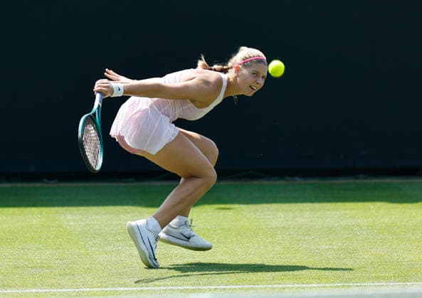 RECORD DATE NOT STATED 22nd June 2026; Devonshire Park Lawn Tennis Club, Eastbourne, East Sussex, England; Lexus Eastbourne Open Tennis, Day Three; Hannah Klugman (GBR) plays a backhand shot against Tereza Valentova (CZE) HongboxChen