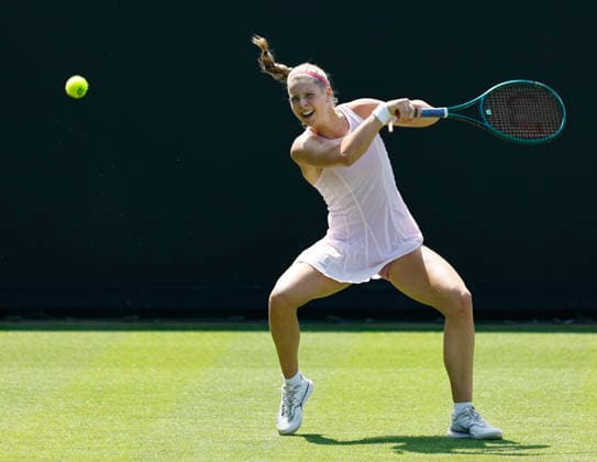 RECORD DATE NOT STATED 22nd June 2026; Devonshire Park Lawn Tennis Club, Eastbourne, East Sussex, England; Lexus Eastbourne Open Tennis, Day Three; Hannah Klugman (GBR) plays a forehand shot against Tereza Valentova (CZE) HongboxChen