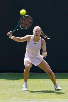 RECORD DATE NOT STATED 22nd June 2026; Devonshire Park Lawn Tennis Club, Eastbourne, East Sussex, England; Lexus Eastbourne Open Tennis, Day Three; Hannah Klugman (GBR) plays a backhand shot against Tereza Valentova (CZE) HongboxChen