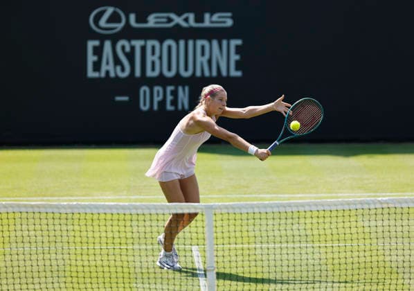 RECORD DATE NOT STATED 22nd June 2026; Devonshire Park Lawn Tennis Club, Eastbourne, East Sussex, England; Lexus Eastbourne Open Tennis, Day Three; Hannah Klugman (GBR) plays a backhand shot against Tereza Valentova (CZE) HongboxChen