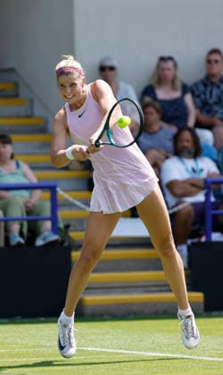 RECORD DATE NOT STATED 22nd June 2026; Devonshire Park Lawn Tennis Club, Eastbourne, East Sussex, England; Lexus Eastbourne Open Tennis, Day Three; Hannah Klugman (GBR) plays a backhand shot against Tereza Valentova (CZE) HongboxChen