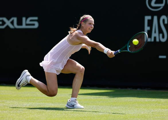 RECORD DATE NOT STATED 22nd June 2026; Devonshire Park Lawn Tennis Club, Eastbourne, East Sussex, England; Lexus Eastbourne Open Tennis, Day Three; Hannah Klugman (GBR) plays a backhand shot against Tereza Valentova (CZE) HongboxChen