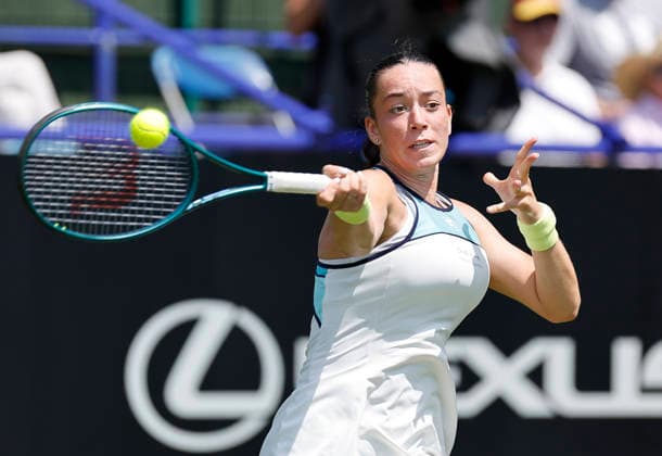 RECORD DATE NOT STATED 22nd June 2026; Devonshire Park Lawn Tennis Club, Eastbourne, East Sussex, England; Lexus Eastbourne Open Tennis, Day Three; Tereza Valentova (CZE) plays a forehand shot against Hannah Klugman (GBR) HongboxChen