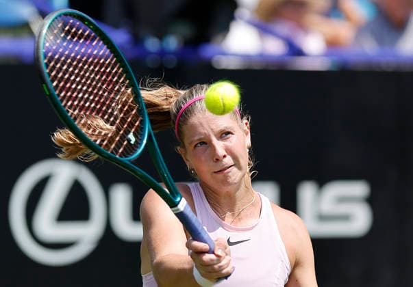 RECORD DATE NOT STATED 22nd June 2026; Devonshire Park Lawn Tennis Club, Eastbourne, East Sussex, England; Lexus Eastbourne Open Tennis, Day Three; Hannah Klugman (GBR) plays a forehand shot against Tereza Valentova (CZE) HongboxChen
