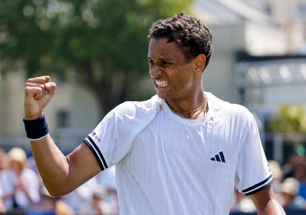 RECORD DATE NOT STATED 22nd June 2026; Devonshire Park Lawn Tennis Club, Eastbourne, East Sussex, England; Lexus Eastbourne Open Tennis, Day Three; Gabriel Diallo (CAN) shows emotion in the match against Terence Atmane (FRA) HongboxChen