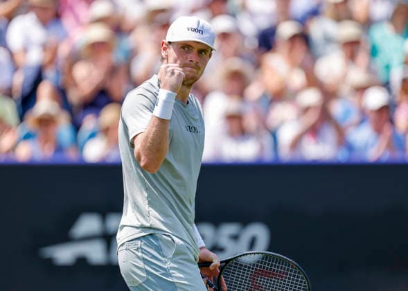 RECORD DATE NOT STATED 22nd June 2026; Devonshire Park Lawn Tennis Club, Eastbourne, East Sussex, England; Lexus Eastbourne Open Tennis, Day Three; Jack Pinnington Jones (GBR) shows emotion in the match against Camilo Ugo Carabelli (ARG) HongboxChen