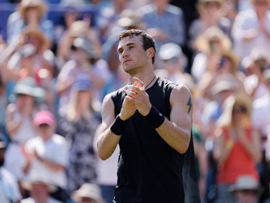 RECORD DATE NOT STATED 22nd June 2026; Devonshire Park Lawn Tennis Club, Eastbourne, East Sussex, England; Lexus Eastbourne Open Tennis, Day Three; Jack Draper (GBR) celebrates after defeating Marcos Giron (USA) HongboxChen