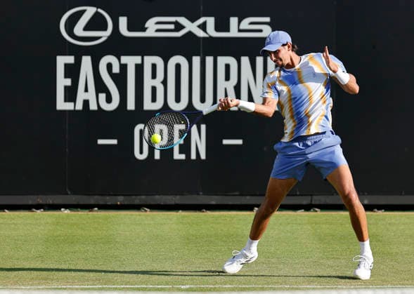 RECORD DATE NOT STATED 22nd June 2026; Devonshire Park Lawn Tennis Club, Eastbourne, East Sussex, England; Lexus Eastbourne Open Tennis, Day Three; Alexei Popyrin (AUS) plays a forehand shot against Jan Choinski (GBR) HongboxChen
