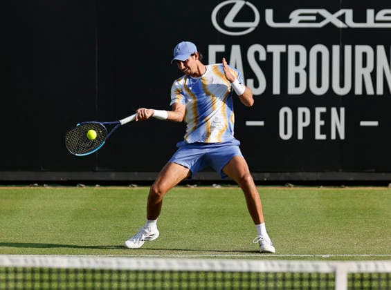 RECORD DATE NOT STATED 22nd June 2026; Devonshire Park Lawn Tennis Club, Eastbourne, East Sussex, England; Lexus Eastbourne Open Tennis, Day Three; Alexei Popyrin (AUS) plays a forehand shot against Jan Choinski (GBR) HongboxChen
