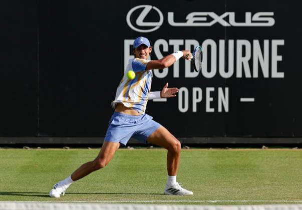 RECORD DATE NOT STATED 22nd June 2026; Devonshire Park Lawn Tennis Club, Eastbourne, East Sussex, England; Lexus Eastbourne Open Tennis, Day Three; Alexei Popyrin (AUS) plays a forehand shot against Jan Choinski (GBR) HongboxChen