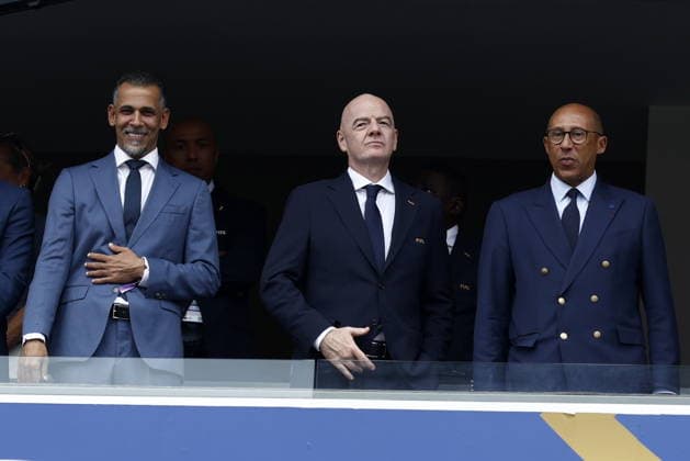 FIFA World Cup, WM, Weltmeisterschaft, Fussball 2026 - Group I - France vs Iraq (L-R) Iraq Football Association President Younis Mahmoud, FIFA President Gianni Infantino, and French Football Federation President Philippe Diallo attend the FIFA World Cup 2026 group stage match France against Iraq, in Philadelphia, Pennsylvania, USA, 22 June 2026. PHILADELPHIA United States  Copyright: xWILLxOLIVERx
