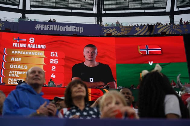 Erling Haaland (Norwegen, Norway, 9) auf der Anzeigetafel - New York 22.06.2026: Norwegen vs. Senegal, MetLife Stadium, World Cup 26 Gruppe I, 2. Spieltag *** Erling Haaland, Norway, 9 on the scoreboard, New York, June 22, 2026, Norway vs. Senegal, MetLife Stadium, World Cup 26, Group I, Matchday 2,detected_source_language