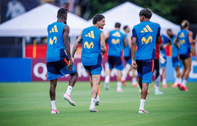 Spain national team, Nationalteam World Cup 22 06 2026 Nico Williams of Spain(L) Yeremi Pino of Spain (C) Lamine Yamal of Spain (R) during the Spanish national team s training session at their World Cup base camp at the Baylor School in Chattanooga, United States of America on June 22, 2026. Photo (PGS Photo Agency) Chattanooga Copyright: xPGSxPhotoxAgencyx