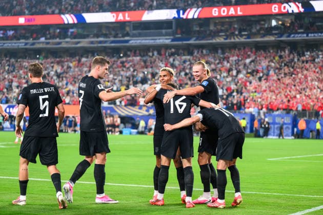 260622 David Moller Wolfe, Alexander Sorloth, Antonio Nusa, Marcus Holmgren Pedersen, Erling Braut Haaland and Martin odegaard of Norway celebrate after scoring 1-0 during the FIFA World Cup, WM, Weltmeisterschaft, Fussball 2026 group stage football match between Norway and Senegal on June 22, 2026 in New Jersey. Photo: Jon Olav Nesvold BILDBYRAN COP 217 VG0963 bbeng fotboll football soccer fotball vm fotbolls-vm fotball-vm fotbolls-vm 2026 fifa world cup 2026 new york norge norway senegal jubel *** June 22, 2026  Copyright: JONxOLAVxNESVOLD BB260622JE051
