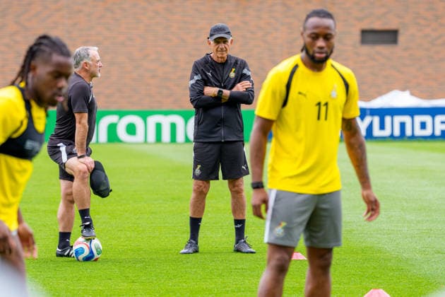 (260623) -- BOSTON, June 23, 2026 -- Carlos Queiroz (2nd R), head coach of Ghana, attends a training session at the FIFA World Cup, WM, Weltmeisterschaft, Fussball 2026 in Boston, the United States, June 22, 2026. ) (SP)U.S.-BOSTON-FOOTBALL-FIFA WORLD CUP-TRAINING-GHANA ChenxYichen 
