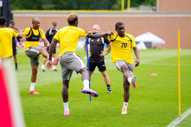 (260623) -- BOSTON, June 23, 2026 -- Augustine Boakye (R, front) of Ghana attends a training session at the FIFA World Cup, WM, Weltmeisterschaft, Fussball 2026 in Boston, the United States, June 22, 2026. ) (SP)U.S.-BOSTON-FOOTBALL-FIFA WORLD CUP-TRAINING-GHANA ChenxYichen 