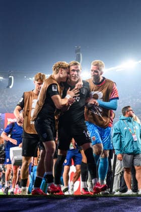 260622 Andreas Schjelderup, Marcus Holmgren Pedersen and goalkeeper Egil Selvik of Norway celebrate at half time during the FIFA World Cup, WM, Weltmeisterschaft, Fussball 2026 group stage football match between Norway and Senegal on June 22, 2026 in New Jersey. Photo: Vegard Grott BILDBYRAN kod VG VG0963 bbeng fotboll football soccer fotball vm fotbolls-vm fotball-vm fotbolls-vm 2026 fifa world cup 2026 new york norge norway senegal jubel *** June 22, 2026  Copyright: VEGARDxGRoTT BB260622VG063