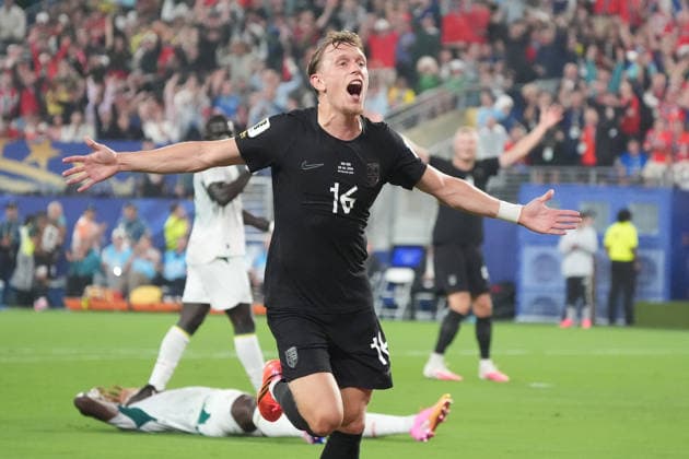 celebrate the goal, Torjubel zum 1:0 Marcus Holmgren Pedersen (Norwegen, Norway, 16) - New York 22.06.2026: Norwegen vs. Senegal, MetLife Stadium, World Cup 26 Gruppe I, 2. Spieltag *** celebrate the goal, goal celebration for the 1-0 goal by Marcus Holmgren Pedersen, Norway, June 22, 2026, Norway vs. Senegal, MetLife Stadium, World Cup 26, Group I, Matchday 2,detected_source_language