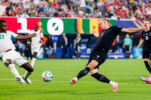 Erling Haaland of Norway shoots on goal and scores the 2-1 Norway v Senegal, Group I - FIFA World Cup, WM, Weltmeisterschaft, Fussball 2026, Norway v Senegal, New York New Jersey Stadium, June 23, 2026, East Rutherford, United States.