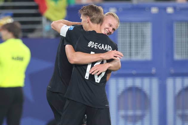 22.06.2026, Fussball, Herren, FIFA Weltmeisterschaft 2026, Vorrunde, Gruppe I, New York, Norwegen - Senegal, Torjubel zum 2:0, Torschütze: Erling Haaland (Norwegen), Martin Ödegaard (Norwegen) New York MetLife Stadium New York Vereinigte Staaten von Amerika (US) *** June 22, 2026, Soccer, Mens, 2026 FIFA World Cup, Group Stage, Group I, New York, Norway vs. Senegal, Celebration of the 2–0 goal, Goal scorers Copyright: xSebastianxBachx