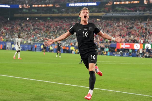 IPA85955241 - Marcus Pedersen of Norway celebrates after scoring a goal during the Norway vs. Senegal FIFA World Cup, WM, Weltmeisterschaft, Fussball match in New York, USA, on June 22, 2026  Copyright: xEmmanuelexMastrodonato IPAxSportx xx 85955241