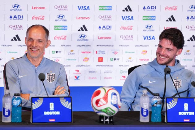 (260623) -- BOSTON, June 23, 2026 -- Thomas Tuchel (L), head coach of England, and player Declan Rice attend a press conference, PK, Pressekonferenz at the FIFA World Cup, WM, Weltmeisterschaft, Fussball 2026 in Boston, the United States, June 22, 2026. ) (SP)U.S.-BOSTON-FOOTBALL-FIFA WORLD CUP-PRESS CONFERENCE-ENGLAND HuangxZongzhi 