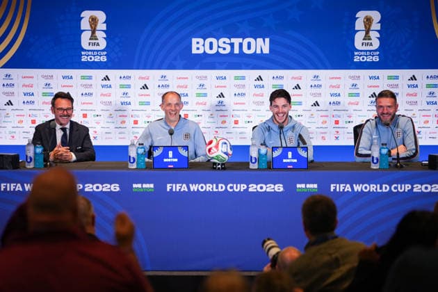 (260623) -- BOSTON, June 23, 2026 -- Thomas Tuchel (2nd L), head coach of England, and player Declan Rice (2nd R) attend a press conference, PK, Pressekonferenz at the FIFA World Cup, WM, Weltmeisterschaft, Fussball 2026 in Boston, the United States, June 22, 2026. ) (SP)U.S.-BOSTON-FOOTBALL-FIFA WORLD CUP-PRESS CONFERENCE-ENGLAND HuangxZongzhi 