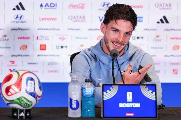 (260623) -- BOSTON, June 23, 2026 -- Declan Rice of England attends a press conference, PK, Pressekonferenz at the FIFA World Cup, WM, Weltmeisterschaft, Fussball 2026 in Boston, the United States, June 22, 2026. ) (SP)U.S.-BOSTON-FOOTBALL-FIFA WORLD CUP-PRESS CONFERENCE-ENGLAND HuangxZongzhi 